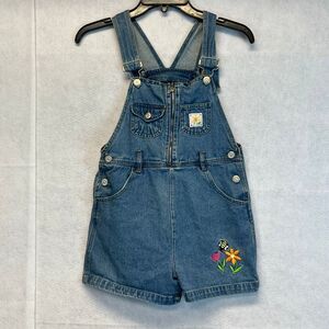 Vtg NO KIDDING Short Overalls Girls Med 10/12 Blue Denim Shortalls Embroidered
